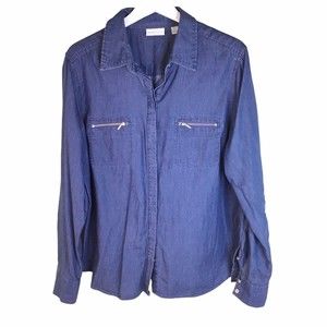New York & Company Women Chambray Top Blue XL Cotton Button Up Long Sleeves